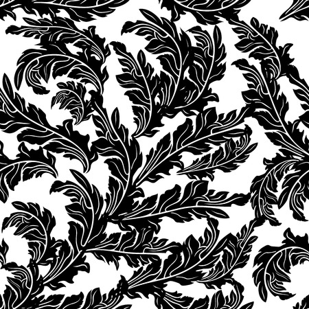 Baroque black white vector seamless pattern. Floral leafy background. Antique wallpaper. Scroll leaves, swirls, branches, vintage ornaments. Elegant luxury texture. Design for fabric, textile, printsのイラスト素材
