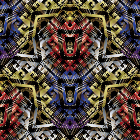 Modern geometric meander seamless pattern. Colorful vector abstract background. Bright geometric shapes, figures, radial circles, rhombus greek key ornaments. Embroidery effect. Surface grunge textureのイラスト素材