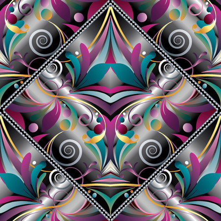 Vintage hand drawn paisley seamless pattern. Colorful vector floral background. Abstract modern design with bright 3d paisley flowers, swirls, lines, leaves, circles, polka dots and rhombus frames.のイラスト素材