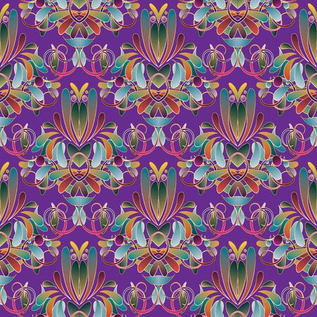 Floral vintage colorful seamless pattern. Violet vector background. Hand drawn multicolor paisley flowers, swirls, lines, leaves, circles, dots. Damask ornaments. Design for wallpaper, fabric, printsのイラスト素材
