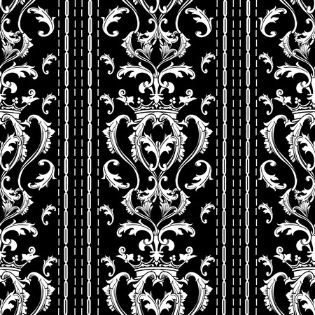 Striped Baroque seamless pattern. Black white vector background with vertical stripes, stitches, dotted lines, crown, damask flowers, scroll leaves, antique baroque ornaments.のイラスト素材