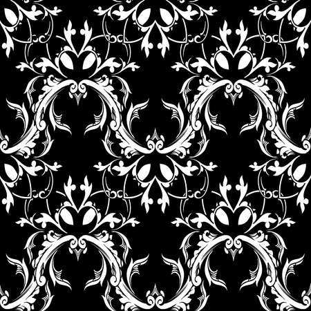 Damask baroque floral seamless pattern. Black white background wallpaper with scroll leaves, damask flowers and antique Baroque ornaments. Vintage isolated design for fabric, textile, prints, walls.のイラスト素材