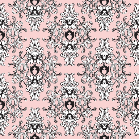 Damask floral seamless pattern. Light pink background wallpaper with black white scroll swirl leaves, damask flowers and antique Baroque ornaments. Vintage design for fabric, textile, prints, walls.のイラスト素材