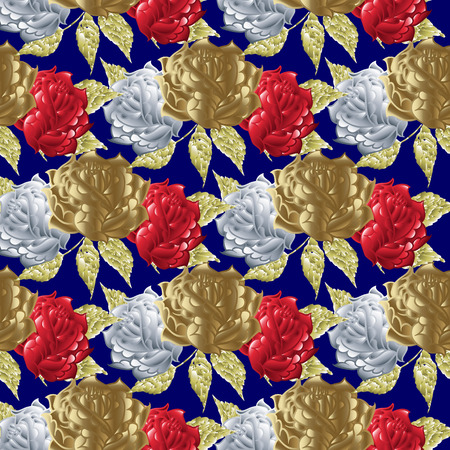 Roses seamless pattern. Blue floral vector background. Elegant flowery ornaments with surface gold white red 3d roses flowers and golden leaves. Flourish wallpaper. Design with shadows and highlights.の写真素材
