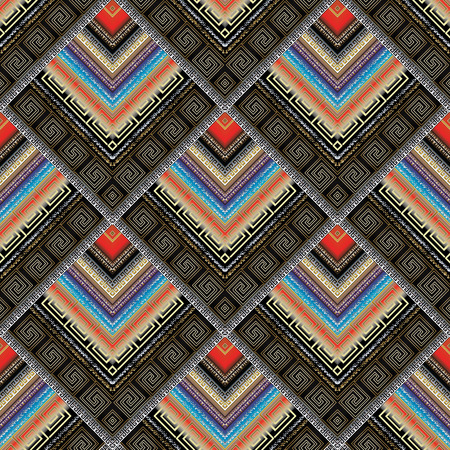 Striped tribal greek key meanders seamless pattern. Vector geometric background. Ornate wallpapers design. Colorful ethnic ornaments. 3d ornamental meanders, zigzag, spirals, stripes tiled rhombusの写真素材