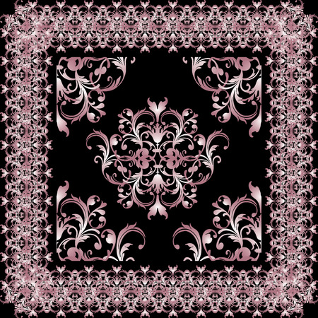 Square baroque pattern. Vector floral black background with pink floral frame, damask flowers, leaves, vintage ornaments.のイラスト素材