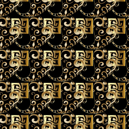 Vintage gold patterned paisley seamless pattern. Meander greek key ancient background. Vector hand drawn line art tracery ornaments. Luxury design for wallpapers, fabric, prints. Surface textureのイラスト素材