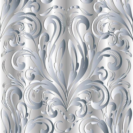 Damask baroque silver 3d seamless pattern. Vector drapery light floral background with hand drawn white flowers, swirls, dots, curves, baroque style ornaments.  Surface design for wallpaper, fabricのイラスト素材