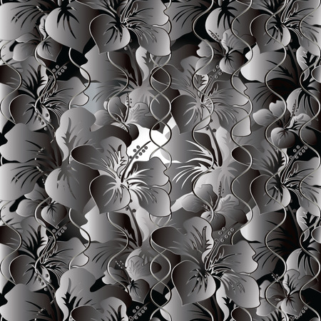 3d flowers vector seamless pattern. Gray monochrome floral background. Surface wallpaper. Luxury fabric design with waves, flowers, dots. Modern floral ornaments with shadows and highlights.のイラスト素材