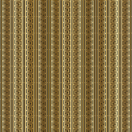 Striped gold 3d meander greek key seamless pattern. Vector golden repeating   abstract background. Modern wallpaper. Ancient vintage ornament with vertical stripes. Surface gold texture. Luxury designのイラスト素材