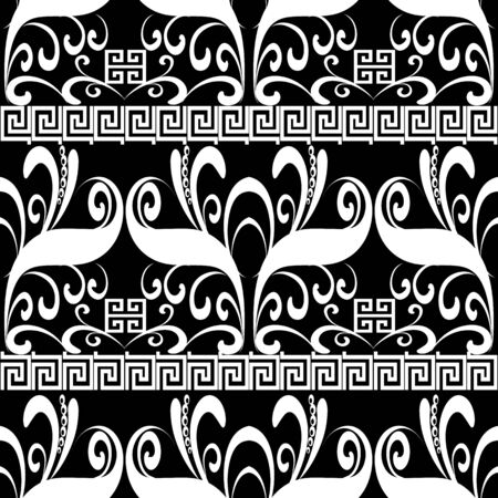 Meander floral seamless pattern in black and white geometric background with hand drawn flowers, horizontal stripes, borders, greek key ornaments isolated template for fabric, prints, wallpapers.のイラスト素材