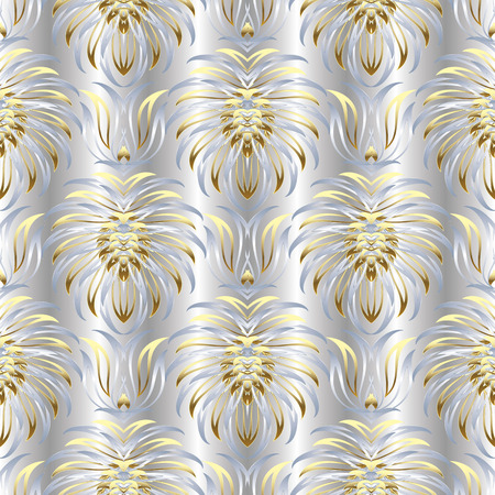 Silver floral vector seamless pattern.  Modern drapery 3d background with gold vintage damask flowers, leaves, line art tracery hand drawn ornaments. Luxury surface design for wallpaper, fabric, printのイラスト素材