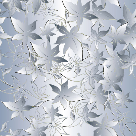 Silver floral 3d seamless pattern. Vector flourish light background with abstract flowers, maple leaves, branches. 3d  surface ornaments. Luxury design for wallpapers, fabric, prints, textileのイラスト素材