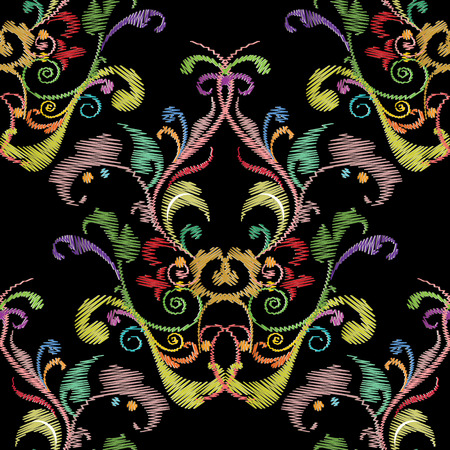 Baroque embroidery seamless pattern. Vector floral tapestry background with embroidered colorful damask flowers, swirls, scroll leaves, lines, vintage ornaments. Grunge design for wallpaper, fabricのイラスト素材