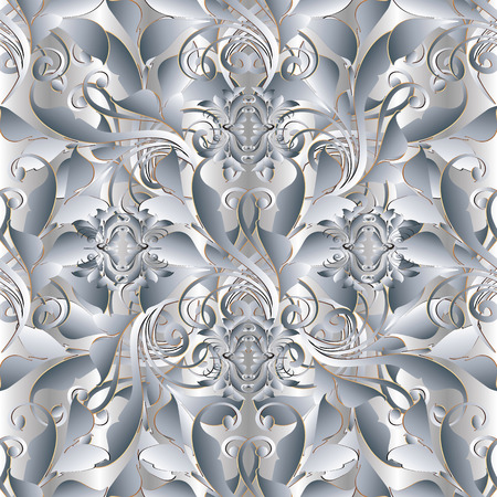 Baroque light 3d vector seamless pattern. Floral vintage damask background wallpaper. Antique 3d flowers, leaves, swirls, lines, curves. Baroque monochrome surface ornaments with shadow and highlightのイラスト素材