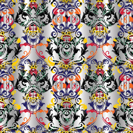 Baroque damask vector seamless pattern. Floral white background wallpaper with vintage colorful flowers, scroll leaves, swirls, curves, antique baroque ornaments. Textured ornate design for fabricのイラスト素材