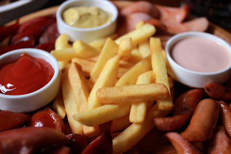 Beer Set. French fries, sausage mix ketchup.の写真素材