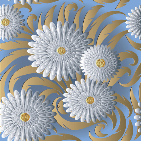 White 3d flowers vector seamless pattern.のイラスト素材
