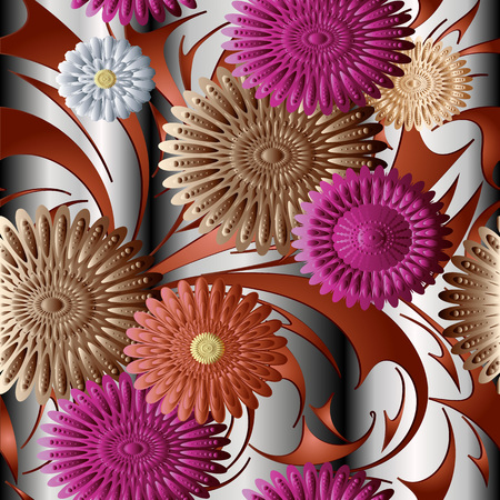 Flowers vector seamless pattern. Surface drapery silver striped background wallpaper with modern abstract colorful flowers.のイラスト素材