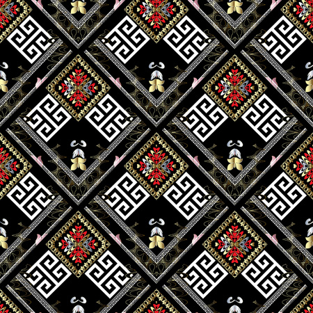 Striped tribal geometric seamless pattern. Vector greek key meanders background. Ornate wallpapers design. Floral ethnic ornaments. 3d ornamental meander frames, zigzag, spirals, stripes tiled rhombusのイラスト素材