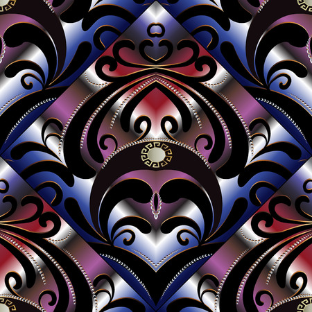 Modern paisley seamless pattern. Vector 3d colorful floral background wallpaper with hand drawn paisley flowers, curves,  meander, greek key, swirls, lines, dots. Vintage ornaments with shadows.のイラスト素材