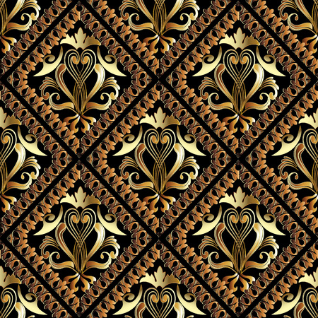 Gold damask vector seamless pattern. Geometric background wallpaper with vintage gold flowers, leaves, floral shapes,  frames, rhombus  and modern ornaments. Design for fabric, textile, printのイラスト素材