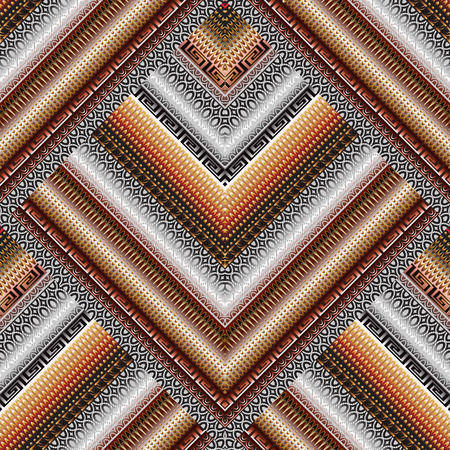 Striped geometric seamless borders pattern. Patterned tiled rhombus, lace lines, ornate 3d tracery stripes, lattice shapes, meander, greek key ornament. Modern 3d background wallpaper. Surface textureのイラスト素材