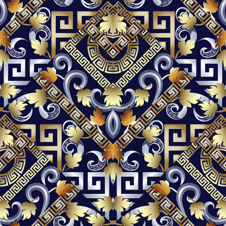 Floral greek key seamless pattern. Vector blue background with gold silver 3d meanders, frames, circles, rhombus, baroque style leaves. Modern ornaments. Modern  surface design for wallpaper, fabricのイラスト素材