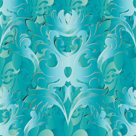 Light blue 3d Baroque seamless pattern. Vector floral background wallpaper. Vintage abstract 3d flowers, scroll leaves, antique damask ornaments in baroque style. Surface elegance texture with shadowsのイラスト素材