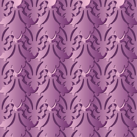 Violet 3d Baroque seamless pattern. Vector floral background wallpaper. Vintage abstract 3d flowers, scroll leaves, antique damask ornaments in baroque style. Surface monochrome texture with shadowsのイラスト素材