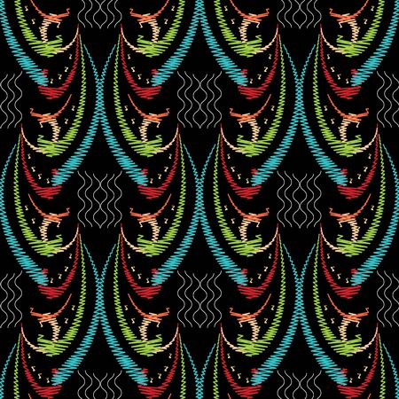 Embroidery vector seamless pattern. Colorful tapestry hand drawn flowers, swirl leaves, grunge ornaments. Black floral background. Embroidered bright design for wallpapers, textile. Tapestry flowers.のイラスト素材