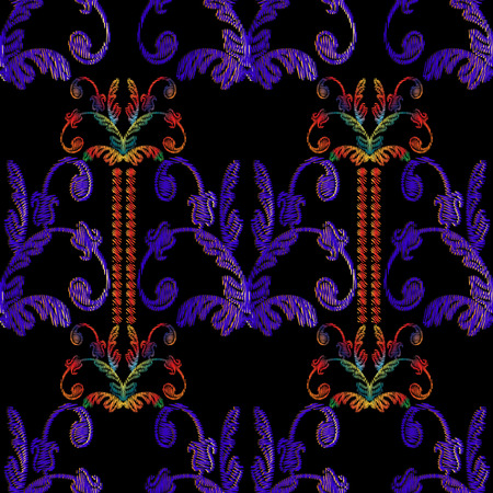 Striped embroidery Baroque seamless pattern. Vintage vector background. Abstract grunge wallpaper. Floral tapestry ornaments with embroidered baroque flowers, scroll leaves, vertical border stripes.のイラスト素材