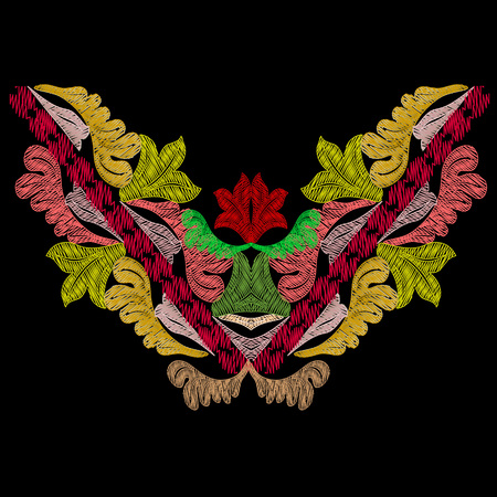 Baroque colorful floral embroidery neckline pattern. Vector grunge texture. Tapestry vintage bright embroidered ornament with stripes, leaves, flowers in baroque victorian style. Design for clothesのイラスト素材