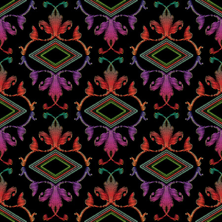 Embroidery baroque vector seamless pattern. Colorful floral grunge background. Tapestry wallpaper. Damask flowers, scroll branches, leaves, rhombus, baroque ornaments. Embroidered textureのイラスト素材