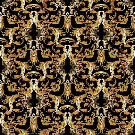 Baroque gold seamless pattern. Vector floral vintage background, wallpaper with antique baroque flowers, scroll leaves, circles, meander, greek key ornaments. Ornate surface design with shadows.のイラスト素材
