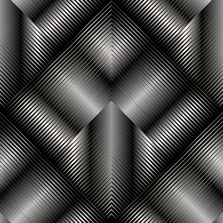 3d striped geometric seamless pattern. Vector textured geometry silver metallic background. Modern 3d wallpaper. Surface texture. Abstract shiny ornament with stripes, rhombus. Design with shadows.のイラスト素材