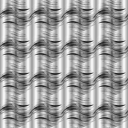 Black and white 3d wavy lines seamless pattern. Vector silver drapery background, wallpaper. Abstract doodle waves, lines, stripes. Modern ornaments. Surface textured design for fabric, textile.のイラスト素材