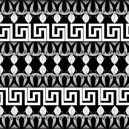 Greek floral meanders seamless border pattern. Vector black and white abstract repeat background. Line art tracery hand drawn flowers, striped leaves. Greek key borders design. Ancient Greek ornament.のイラスト素材