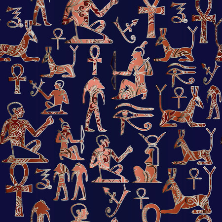 Egyptian hieroglyphs vector seamless  pattern. African ethnic dark blue background. Tribal 3d...