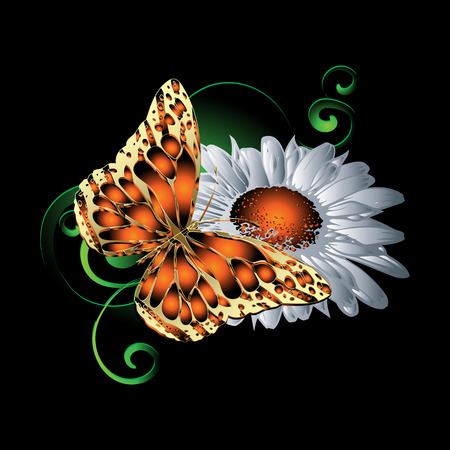 3d butterfly pattern. Vector colorful illustration. Black floral background with bright textured monarch butterfly, chamomile flowers, green paisley flowers, swirls. Surface texture. Ornate design.のイラスト素材