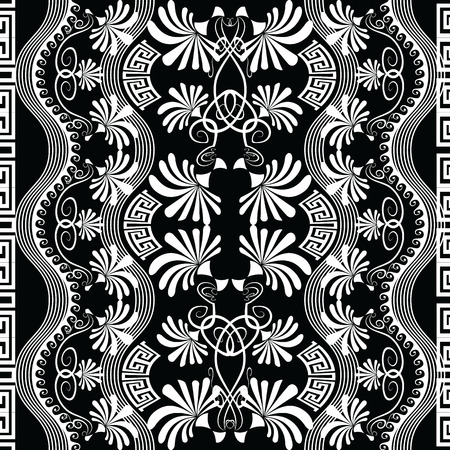 Floral greek vector black and white seamless pattern. Geometric background. Vertical greek borders design. Wavy lines, stripes, chamomile vintage flowers, swirls, shapes, greek key, meanders ornamentのイラスト素材