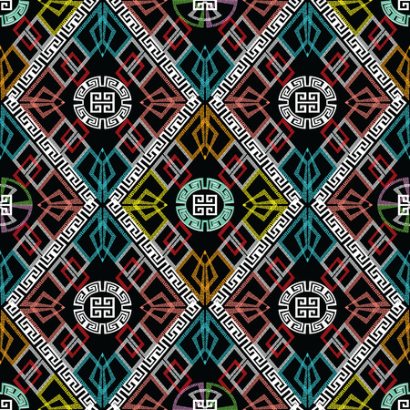 Geometric abstract greek vector seamless pattern. Black patterned ornamental background with colorful geometric shapes, circles, rhombus, polygonals, mandalas, frames, greek key, meander ornaments.のイラスト素材