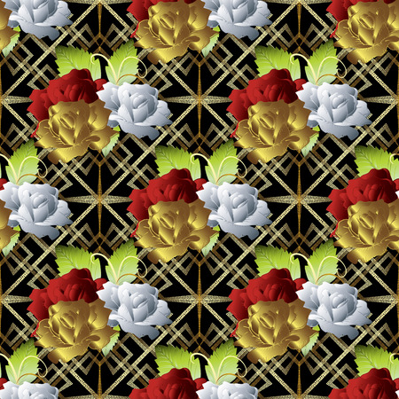 Roses floral vector seamless pattern. Grid lattice patterned abstract geometric background. Greek key, meander ornaments. Vintage gold, red, white 3d roses, leaves, swirls. Geometric shapes, squaresのイラスト素材