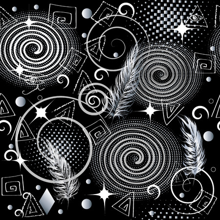 Modern geometric abstract vector seamless pattern. Ornate black and white patterned magic background. Spirals, swirls, halftone, dots, eyes, feathers, stars, doodle chalk greek key, meander, circlesのイラスト素材