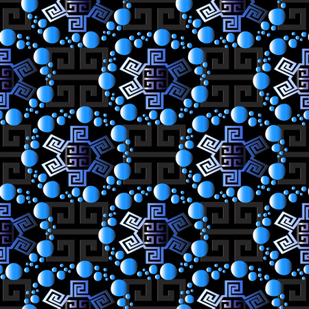 Abstract geometric vector 3d seamless pattern. Greek background. Modern ornaments with surface blue circles, greek key, meanders, squares, geometric shapes. Creative design for fabric, wallpapersのイラスト素材