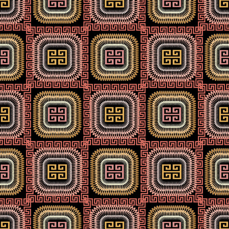 Greek vector seamless pattern. Geometric abstract patterned background. Lace flowers, squares, frames, greek key, meanders ornament. Luxury fabric pattern. Beautiful ornate design for prints, textileのイラスト素材