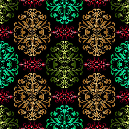 Vintage damask baroque vector seamless pattern. Floral ornate patterned background. Gold , green, red antique baroque style hand drawn ornaments. Decorative luxury design with swirls, flowers, leavesのイラスト素材