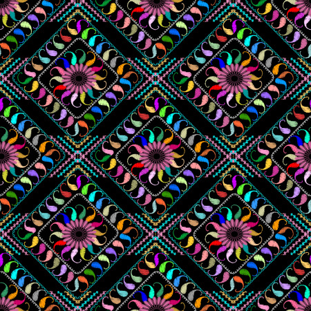Abstract embroidered paisley seamless pattern. Vector colorful patterned floral background. Tapestry ethnic tribal style paisley flowers, rhombus grunge frames, zigzag, stripes, tiled ornaments.のイラスト素材