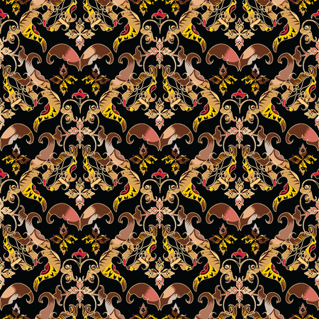Baroque seamless pattern. Vector ornamental damask background. Antique patterned design. Vintage colorful floral ornaments. Scroll leaves, flowers. Luxury endless texture. For wallpaper, fabric, printのイラスト素材