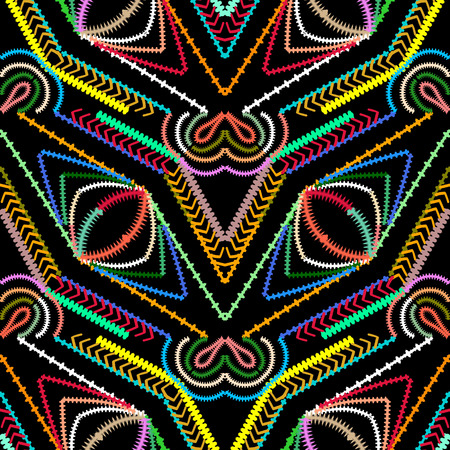 Striped geometric vector seamless pattern. Abstract colorful geometrical background. Tribal style ornamental stripes, lines, shapes, eyes, zigzag. Ethnic geometry design. Patterned aztec tracersのイラスト素材